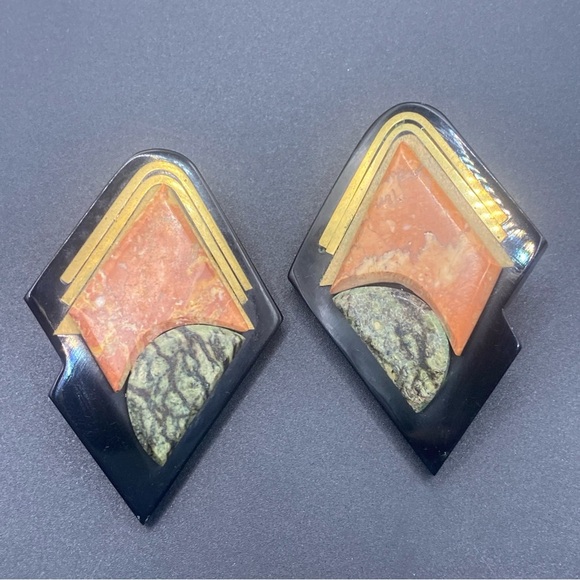 Vintage Geometric Acrylic and Marble Stone Earrings from 1970 - Picture 5 of 5